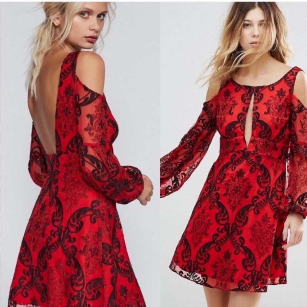 NWT Free People Size 0 Red Black Damask Embroidered Cold Shoulder Mini Dress